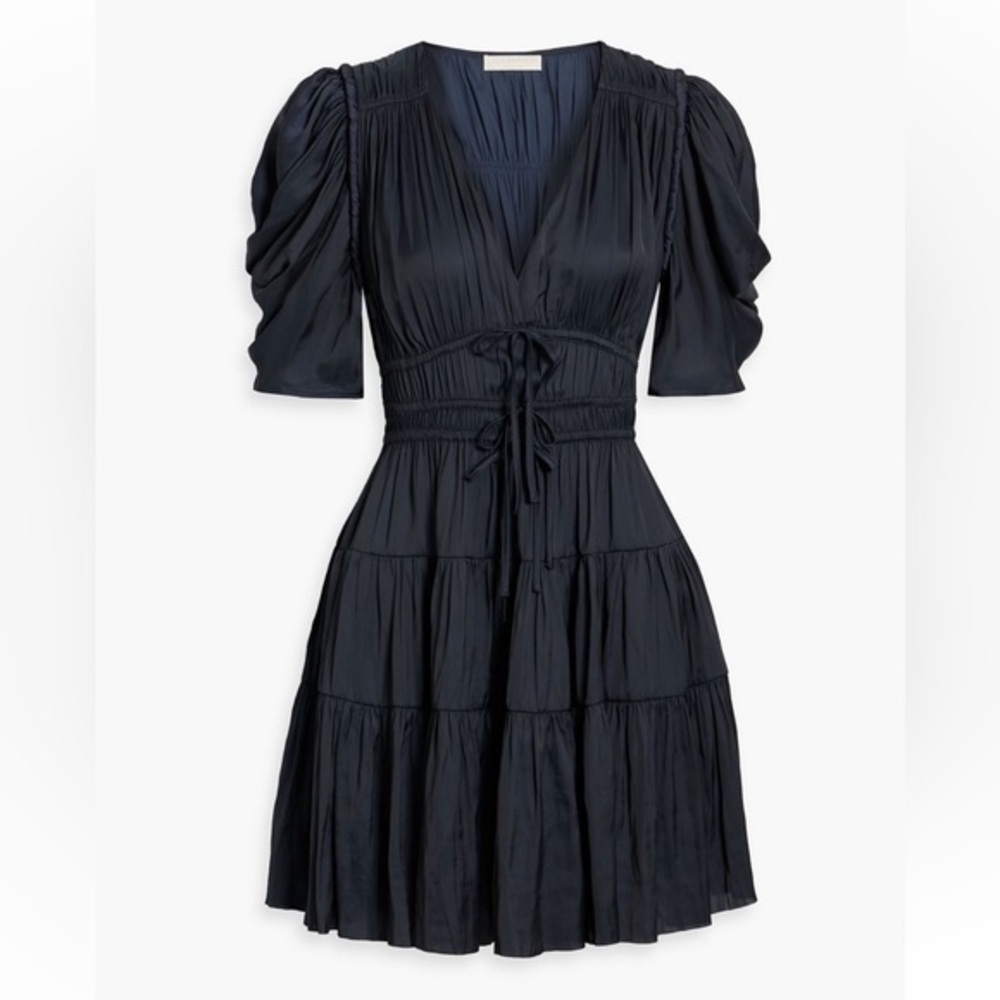 Ulla Johnson Satin Gathered Dress - Dark Blue - Tiered Shirring - Puff Sleeves